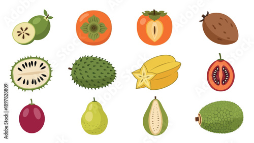 Collection of exotic tropical fruits, both whole and sliced, showcasing natural freshness and vibrant colors, ideal for healthy eating promotions and foodrelated projects.