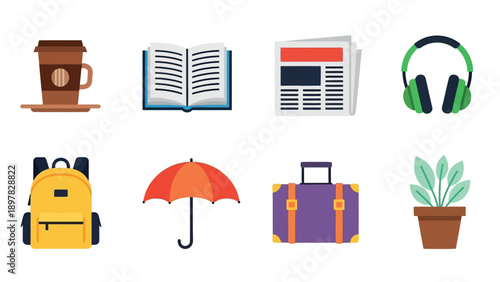 Collection of essential flat style icons depicting common daily objects including a coffee cup an open book a newspaper headphones a backpack an umbrella a suitcase and a potted plant for