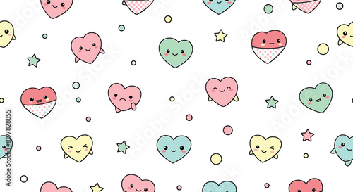Hearts' Whisper: Charming, cartoon hearts with delightful expressions dance across the canvas, spreading joy. Delicate stars and soft circles enhance the sweetness.