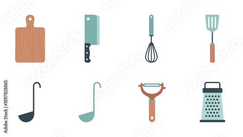 A complete collection of essential modern kitchen tools including a cutting board, cleaver, whisk, spatula, ladles, peeler, and grater for all culinary and cooking related projects.