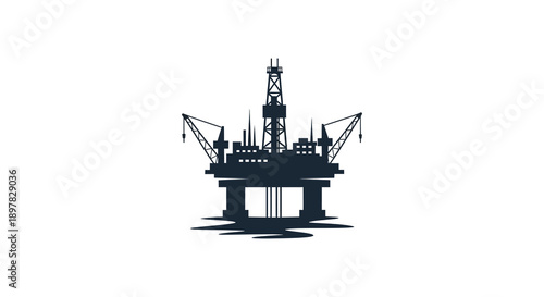 A stark monochromatic illustration depicts an offshore oil drilling platform showcasing its complex structural design against a white backdrop