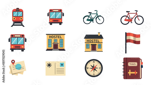A comprehensive vibrant collection of travel and adventure journey icons featuring transportation methods, accommodation, navigation tools, and memorable keepsakes for exploring new