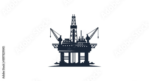 A minimalist dark blue silhouette depicts an offshore oil and gas platform showcasing industrial infrastructure high quality professional