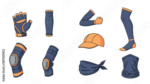 Collection of essential protective sportswear and athletic accessories including gloves arm sleeves knee pads cap and neck gaiter for outdoor activities