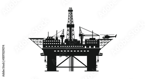 A stark black silhouette depicts a large offshore oil rig with supporting structures and a helicopter high quality