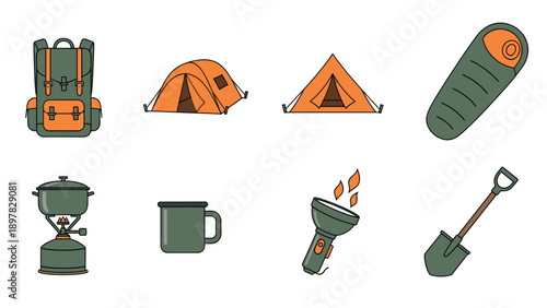 Essential outdoor adventure and travel gear set featuring a backpack, various tents, a sleeping bag, a cooking stove, mug, flashlight, and shovel, perfect for illustrating camping guides,