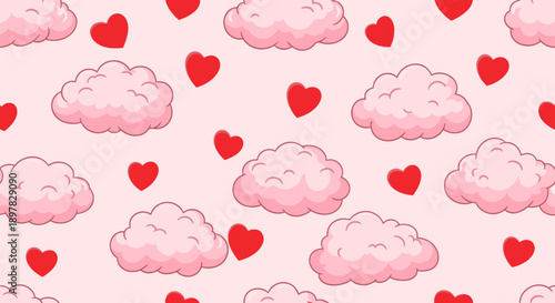 Whimsical pattern of pink clouds and hearts.
