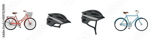 Essential cycling equipment featuring classic comfort bicycles and protective safety helmets ideal for promoting outdoor activities and sustainable urban transportation on various platforms