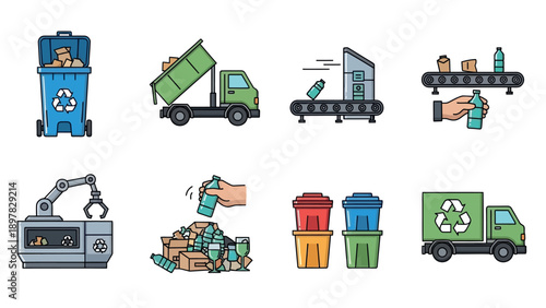 Sustainable waste management and recycling process icons collection for environmental responsibility campaigns and educational materials promoting ecofriendly habits