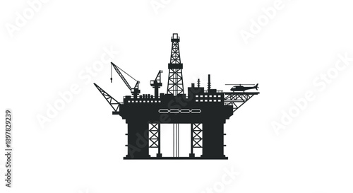 A stark black silhouette showcases an offshore oil rig complex complete with a helicopter and crane high quality