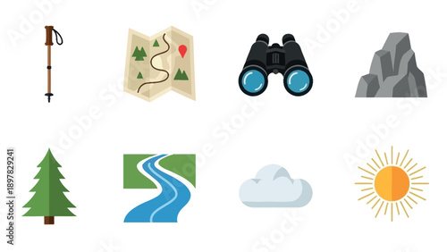 A versatile collection of outdoor adventure icons featuring a trekking pole map binoculars mountain tree river cloud and sun for travel hiking and nature exploration themed designs