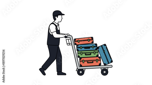 Man in uniform pushing a luggage cart loaded with colorful suitcases walking for travel and transportation service applications or marketing materials