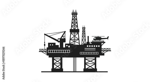 A stark black silhouette depicts an offshore oil and gas platform complete with a drilling rig and helicopter