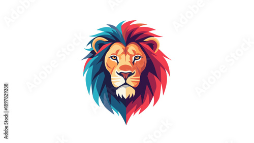 Vibrant Lion Head Logo with Split Red and Blue Mane on White Background