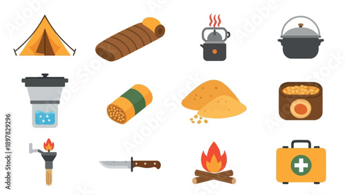 A complete collection of essential camping and outdoor adventure gear for wilderness exploration, survival, and recreation, perfect for various commercial projects and web use