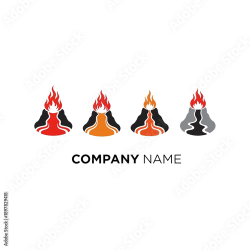 Four stylized volcano logos with different color schemes and fire elements, representing a company name.