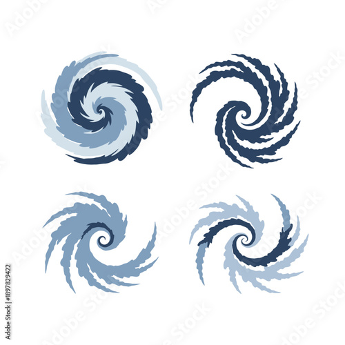Four stylized hurricane symbols in blue and dark blue colors.