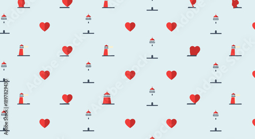 A pattern of hearts and lighthouses on a blue background.