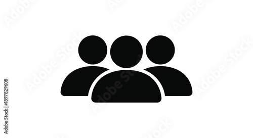 A simple black silhouette depicts three people connected at the heads representing a team or group high quality