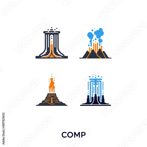 Set of stylized volcano icons representing geothermal energy and power generation.