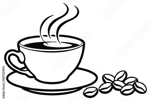 Black Line Coffee Cup with Steam and Cinnamon Stick