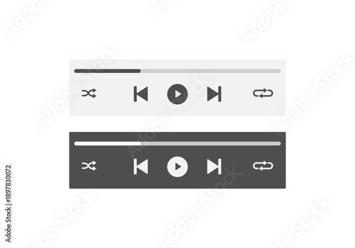 Minimalist video and audio player interface set with play, pause, shuffle, and repeat buttons in light and dark mode