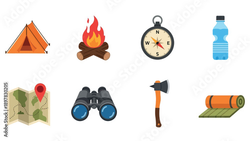 Essential outdoor camping and adventure equipment for nature exploration, featuring a tent, campfire, compass, and survival tools, ideal for travel publications and recreation marketing