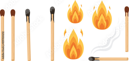 Matchstick and Fire Flame Set with Burning Smoking and Unlit Matches for Fire Safety Campfire and Ignition Concept Vector Illustration