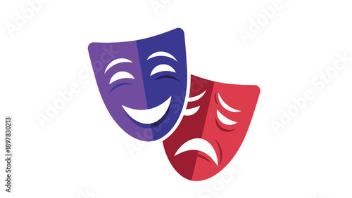 Modern interpretation of classic comedy and tragedy masks in vibrant purple and red, ideal for theatrical productions, emotional concepts, or entertainment graphics.