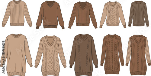 Collection of Neutral Tone Knitted Sweaters and Cardigans with Cable Patterns Cozy Autumn Winter Fashion Vector Illustration Set