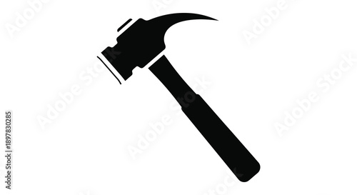 A stark black silhouette depicts a common claw hammer tool of construction and repair angled diagonally high quality