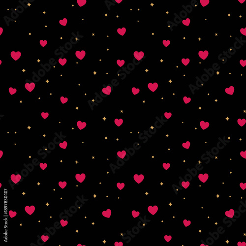 Seamless pattern of pink hearts and gold stars on black background.