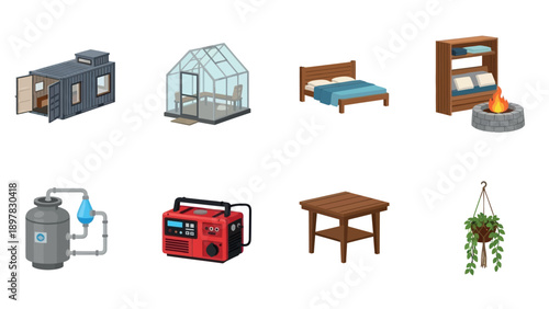 Isometric collection container house, greenhouse, bed, fire pit, water system, generator, table, hanging plant for modern housing and outdoor lifestyle projects.