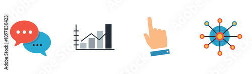 Dynamic collection of business and technology icons illustrating message communication, financial analytics, pointing finger interaction, and global networking for digital media