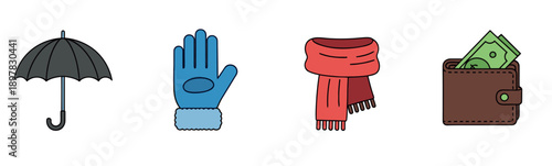 A collection of everyday essentials featuring an open umbrella, a blue winter glove, a red knitted scarf, and a brown wallet filled with green cash, perfect for seasonal weather or