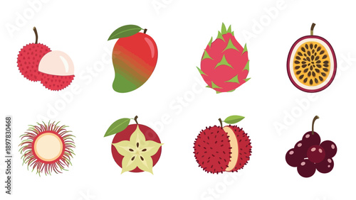 Assortment of vibrant exotic tropical fruits including lychee, mango, dragon fruit, passion fruit, rambutan, star fruit, and berries, ideal for promoting healthy eating, refreshing drinks,