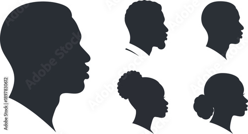 African American men and women head silhouettes vector profile set