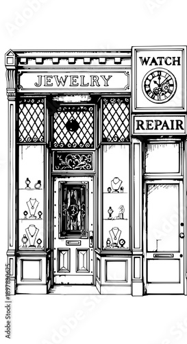 A pen and ink sketch of a jewelry store beside a watch repair shop illustration