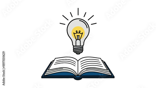 Simple graphic depicting an open book emitting an illuminated light bulb, symbolizing knowledge leading to new ideas and education, perfect for academic or learningrelated presentations.