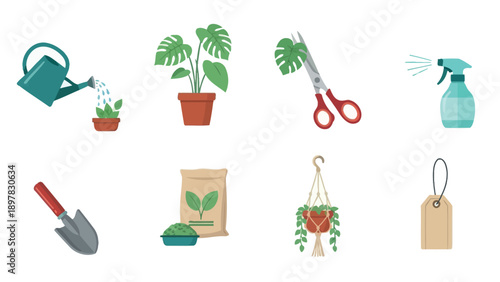 Essential items for indoor gardening and houseplant care, showcasing tools like a watering can, pruning shears, spray bottle, trowel, and diverse plants, perfect for guides, hobbyist