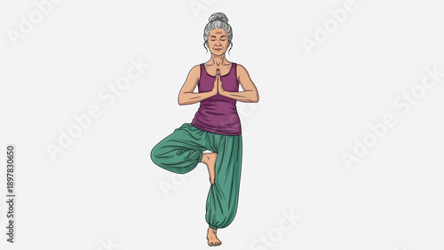 Mature Asian woman gracefully balancing in tree yoga pose, promoting healthy aging and mindfulness for wellness publications and fitness campaigns