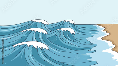 Dynamic ocean waves with frothy white caps break onto a warm sandy beach under a clear blue sky, perfect for summer vacation promotions, travel advertising, or marine environment projects.