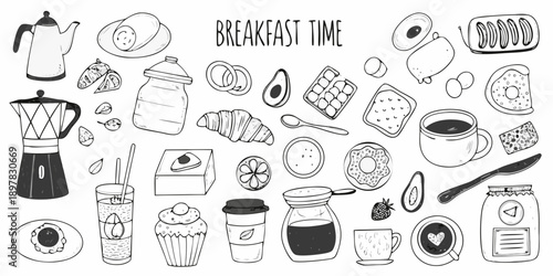 A charming black and white illustration of various breakfast foods and drinks