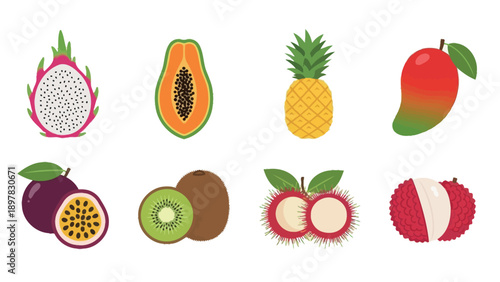 A colorful assortment of exotic tropical fruits such as dragon fruit, papaya, pineapple, mango, passion fruit, kiwi, rambutan, and lychee for healthy eating campaigns and culinary projects