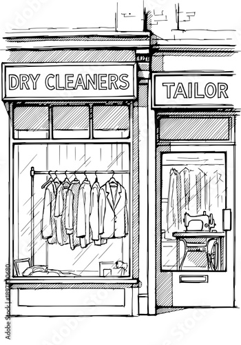 A sketch of dry cleaners and tailor shop with clothes on display