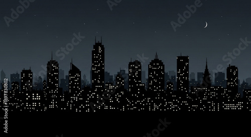 City Skyline at Night with Crescent Moon, Skyscrapers, Urban Landscape and Nighttime, Dark Background