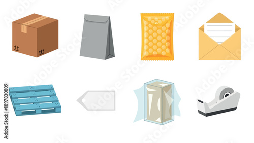 A complete collection of essential packaging and shipping supplies including a cardboard box, paper bag, bubble wrap, and tape dispenser for logistic and delivery services
