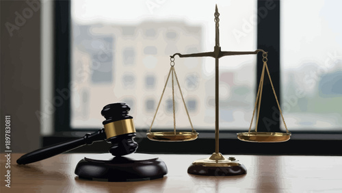 Professional legal setup featuring a wooden judges gavel and a brass scale of justice on a polished desk, ideal for illustrating concepts of law, order, and courtroom decisions.