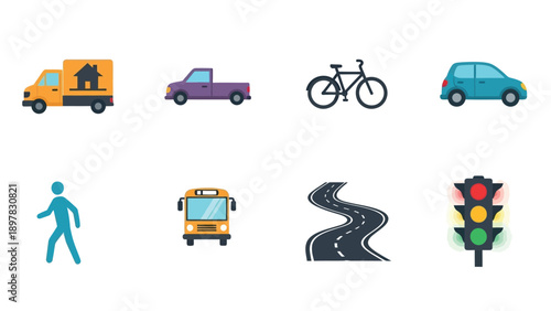Practical compilation of transportation and road safety icons, including various vehicles, pedestrian, winding road, and traffic light, valuable for digital interfaces and educational