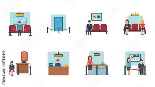 Customers and staff engaging in various service scenarios including reception desks, waiting rooms, and queuing lines, ideal for illustrating business processes and public service